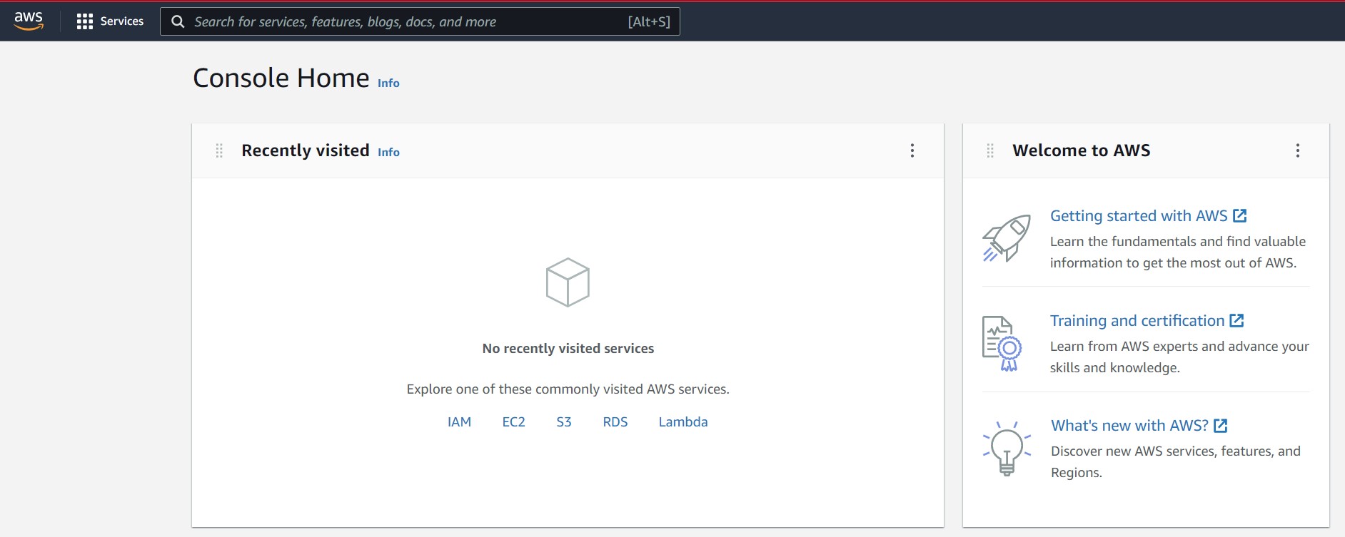 AWS Console Home page